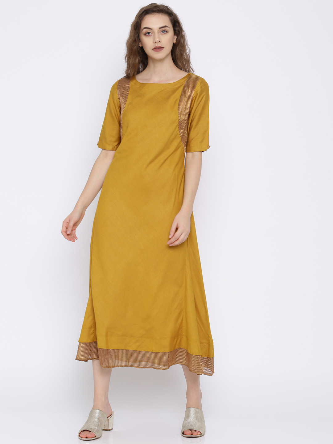 Buy Fabindia Women Mustard Yellow Solid A Line Dress - Dresses for Women 2145994 | Myntra