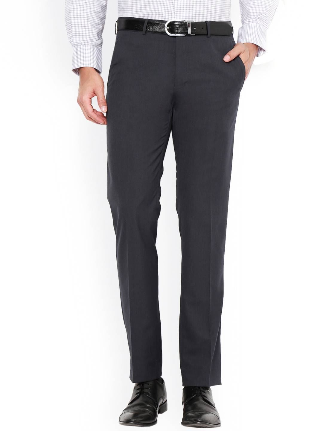 Buy Van Heusen Men Grey Slim Fit Solid Regular Trousers - Trousers for ...