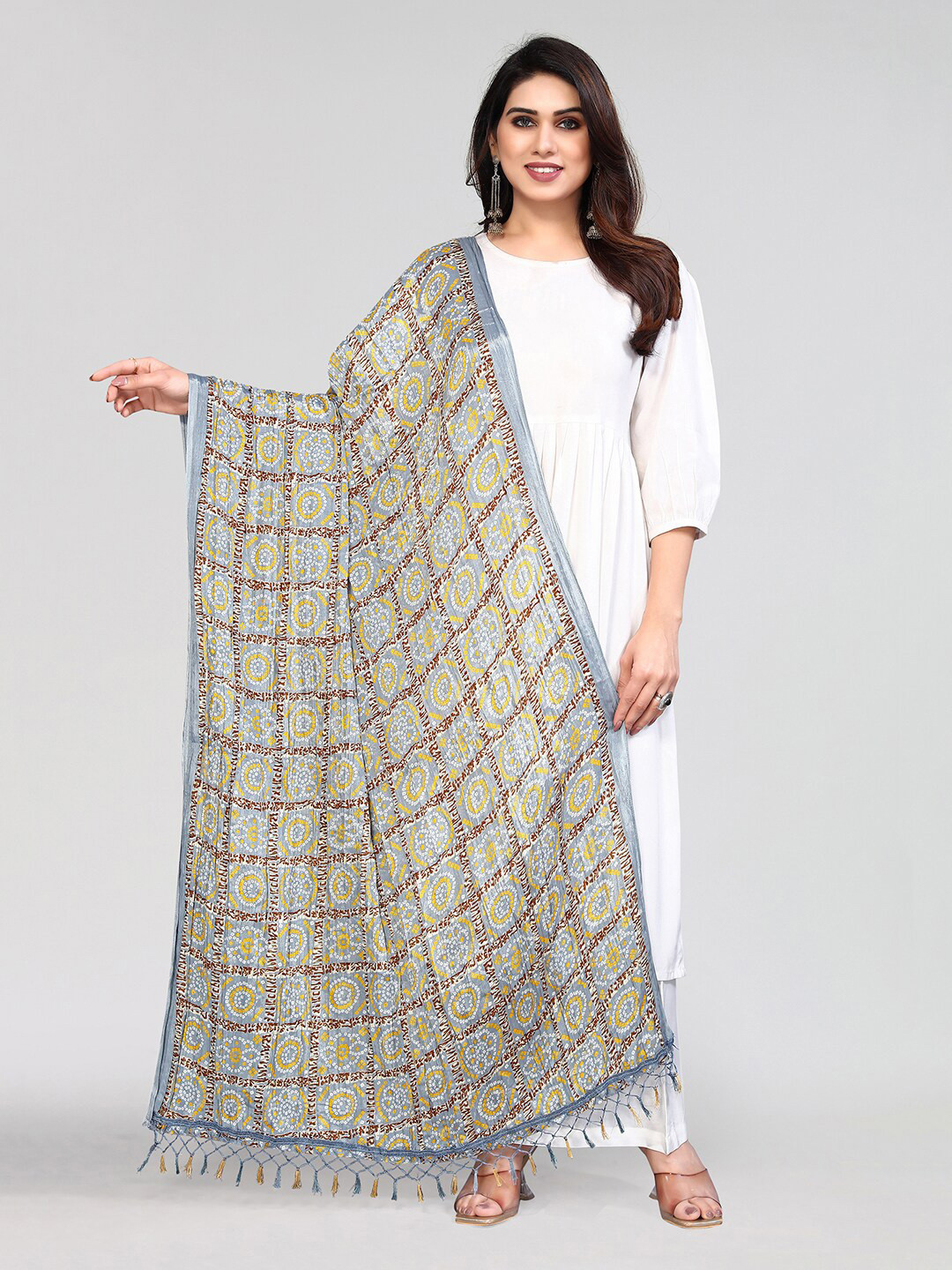 Women Grey Printed And Red Bandhini Dupatta Combo, Pack Of Two