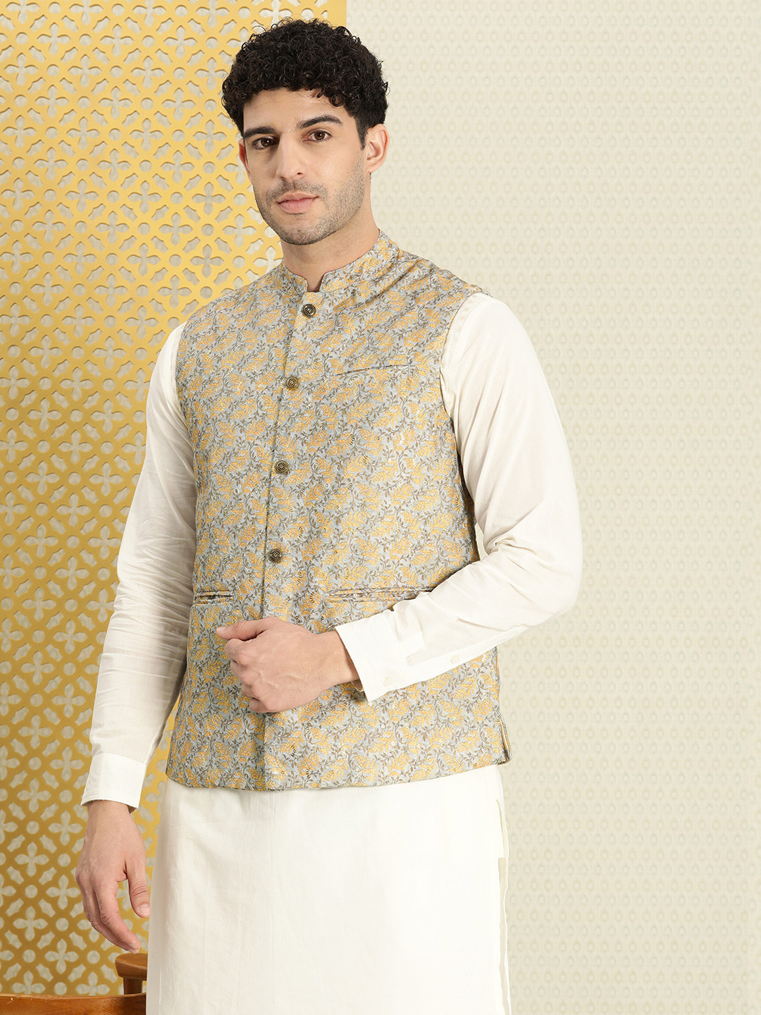 Buy House Of Pataudi Jashn Floral Woven Design & Sequined Nehru Jacket