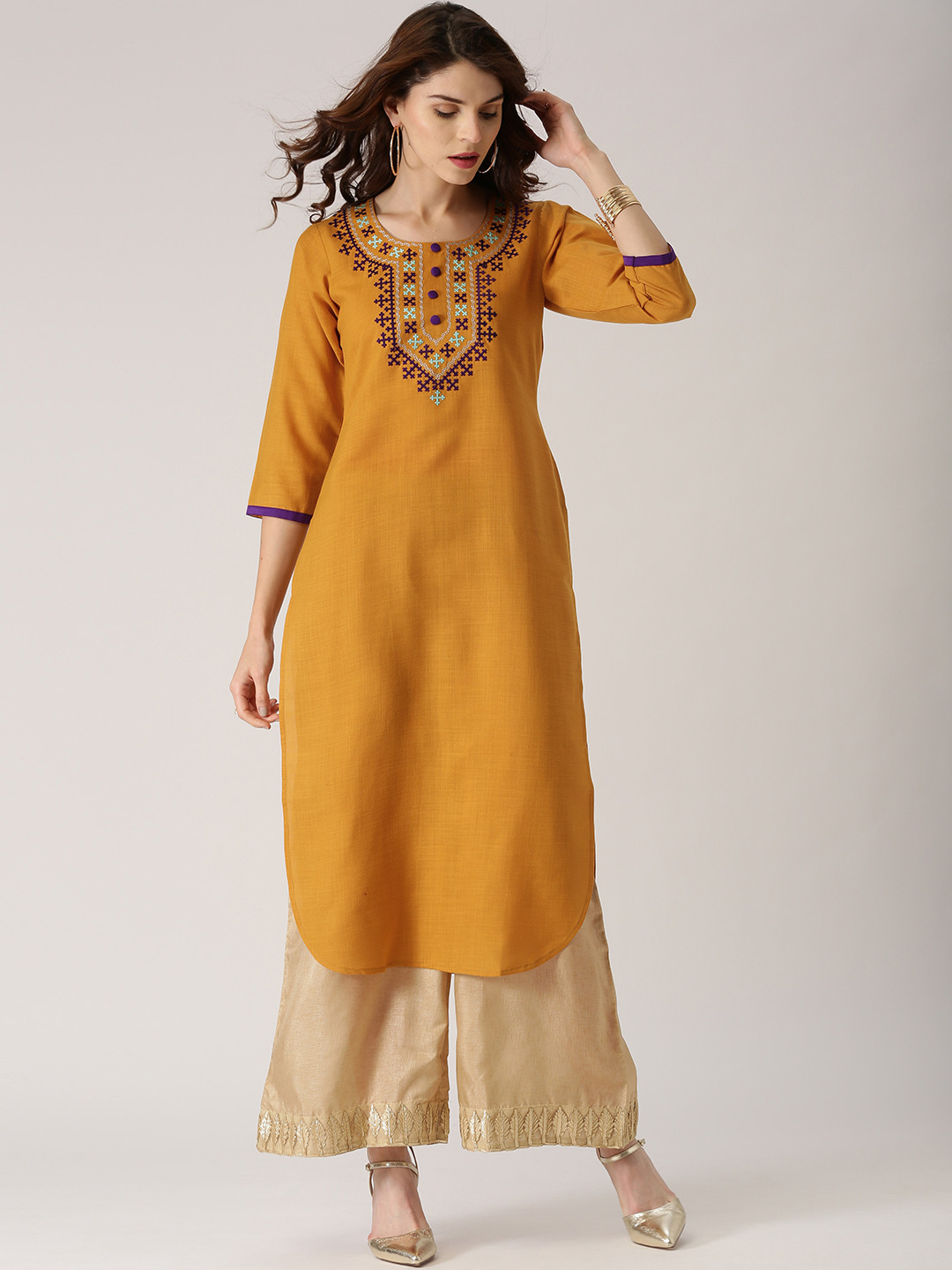 Buy Libas Women Mustard Yellow Embroidered Straight Kurta Kurtas for