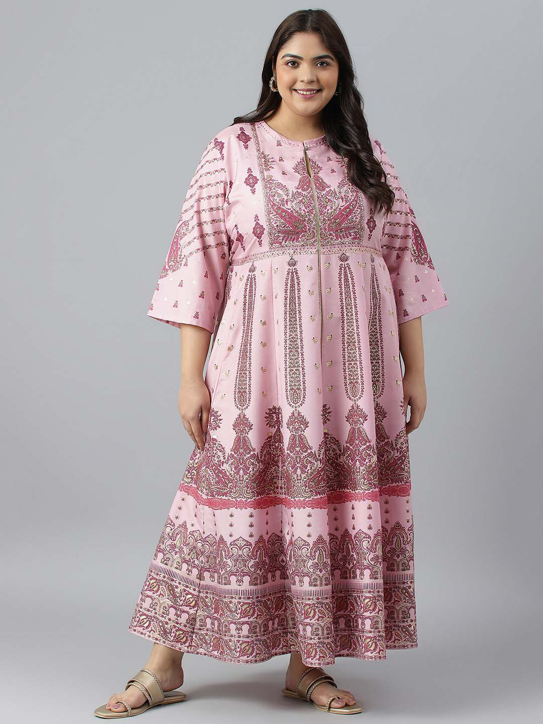 Ethnic Printed Plus Size V-Neck Batwing Sleeve Maxi Dress