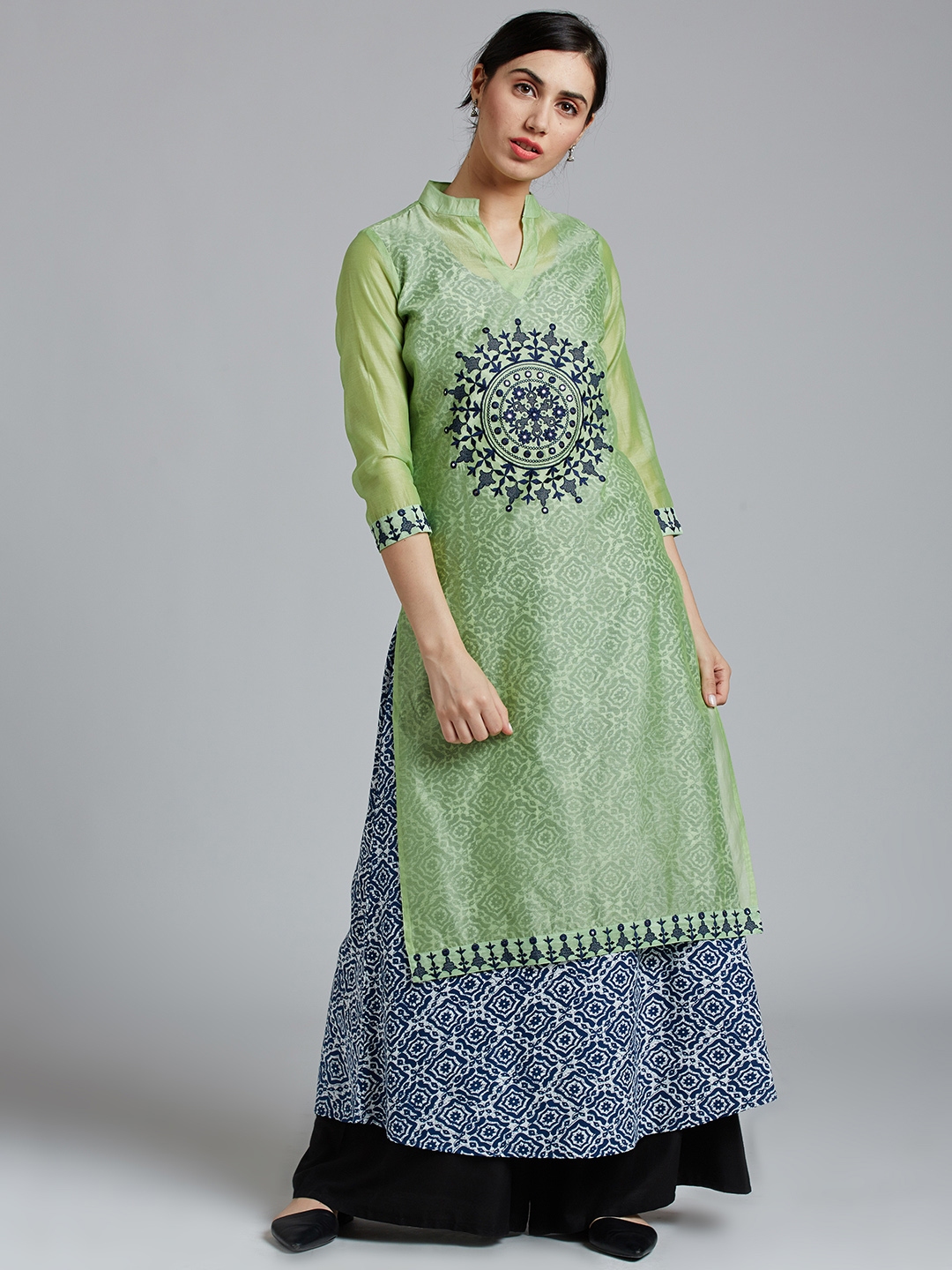 Buy Jaipur Kurti Women Green Printed A Line Kurta - Kurtas for Women ...