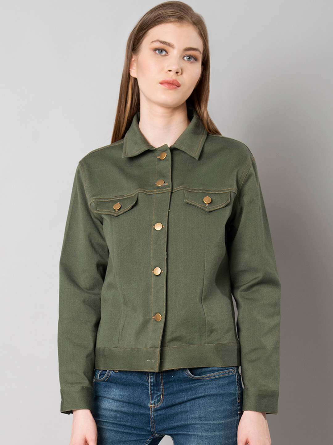 Buy FabAlley Women Olive Green Solid Denim Jacket Jackets for Women