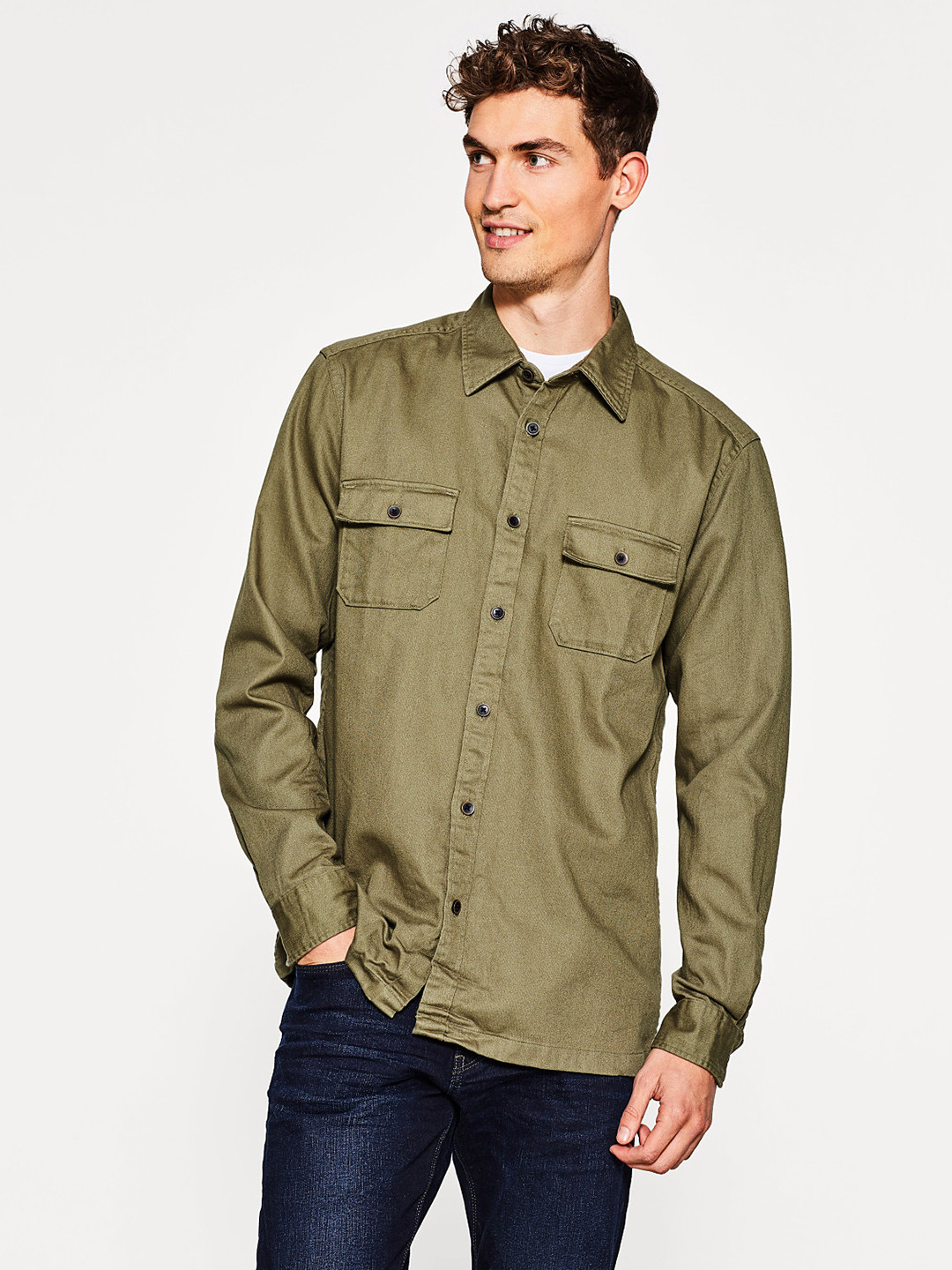 Buy ESPRIT Men Olive Green Regular Fit Solid Denim Shirt Shirts for