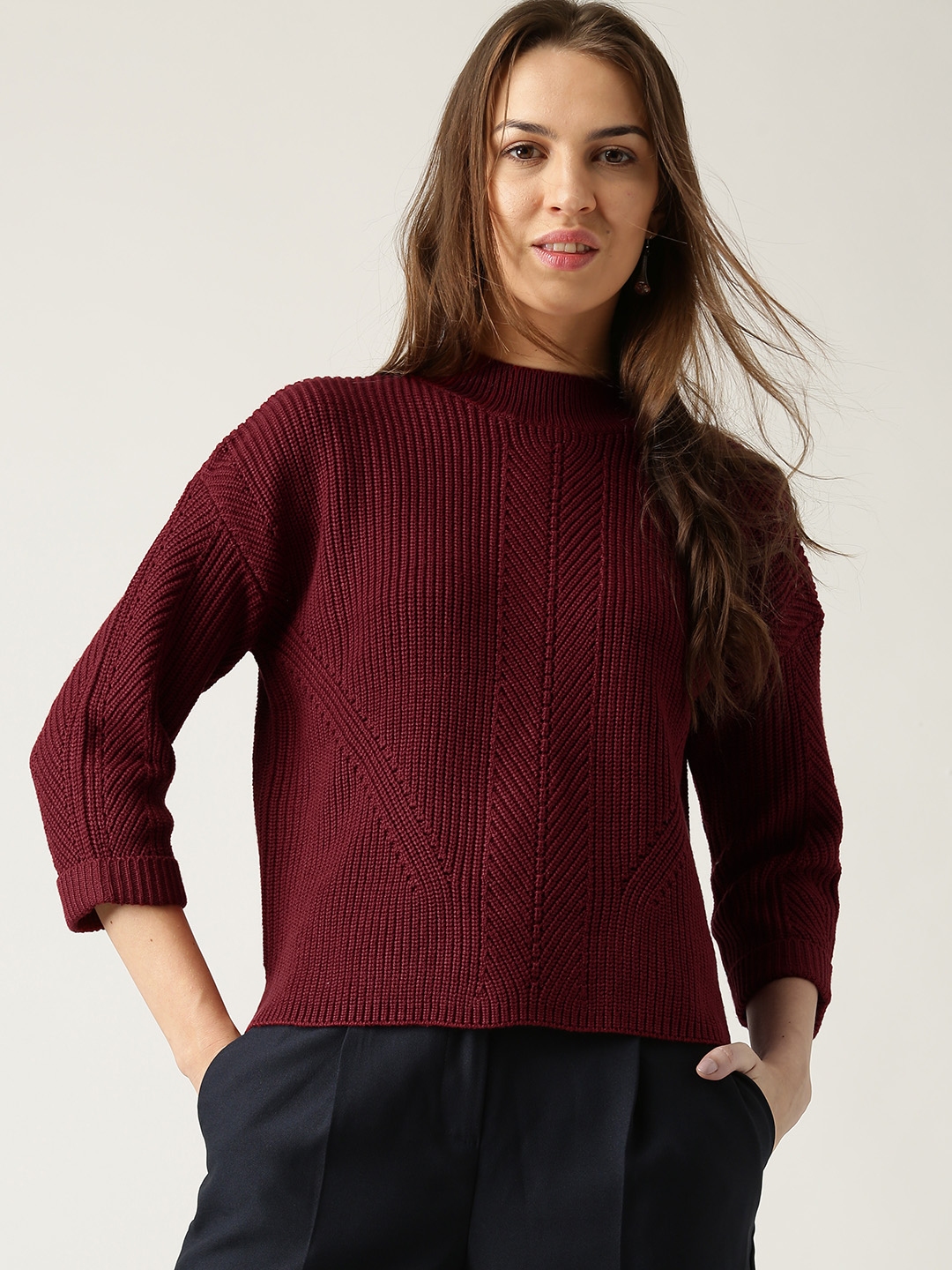 Buy ESPRIT Women Maroon Self Striped Sweater - Sweaters for Women