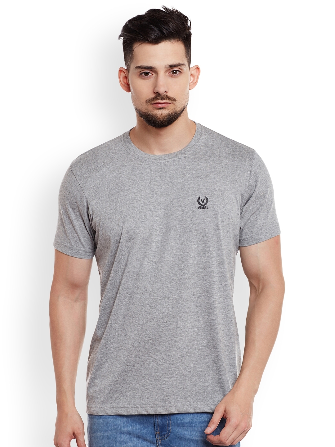 Download Buy VIMAL Men Grey Melange Solid T Shirt - Tshirts for Men ...