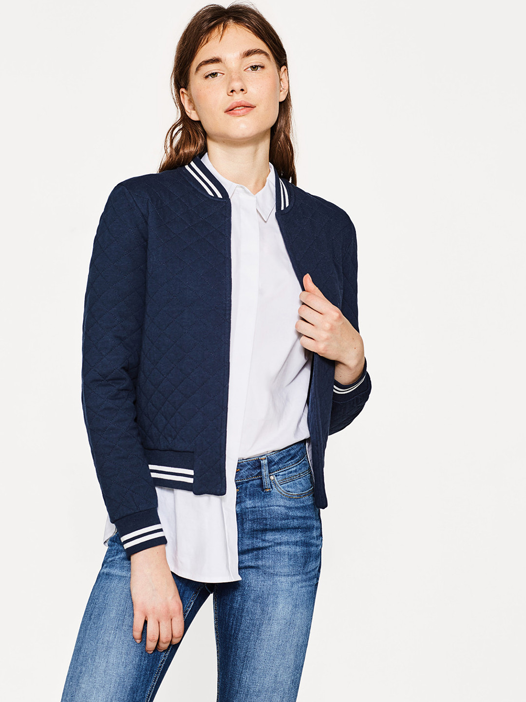 Buy ESPRIT Women Navy Blue Solid Bomber Jacket Jackets for Women