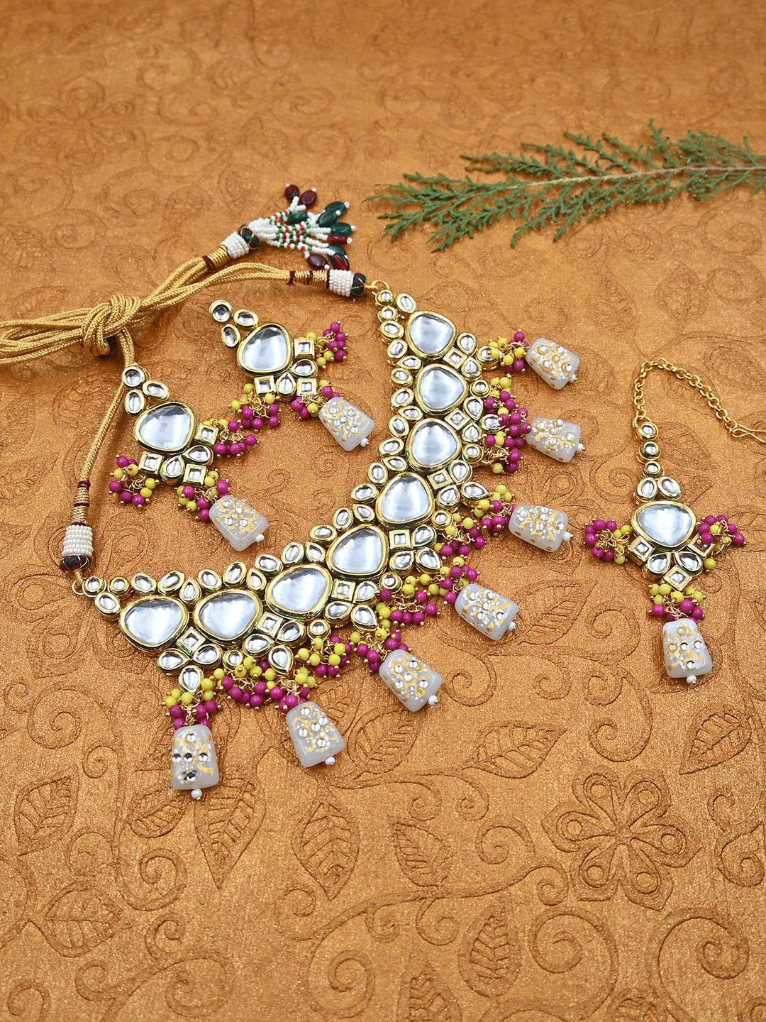 Gold-Plated & White Kundan-Studded & Beaded Bridal Jewelry Set