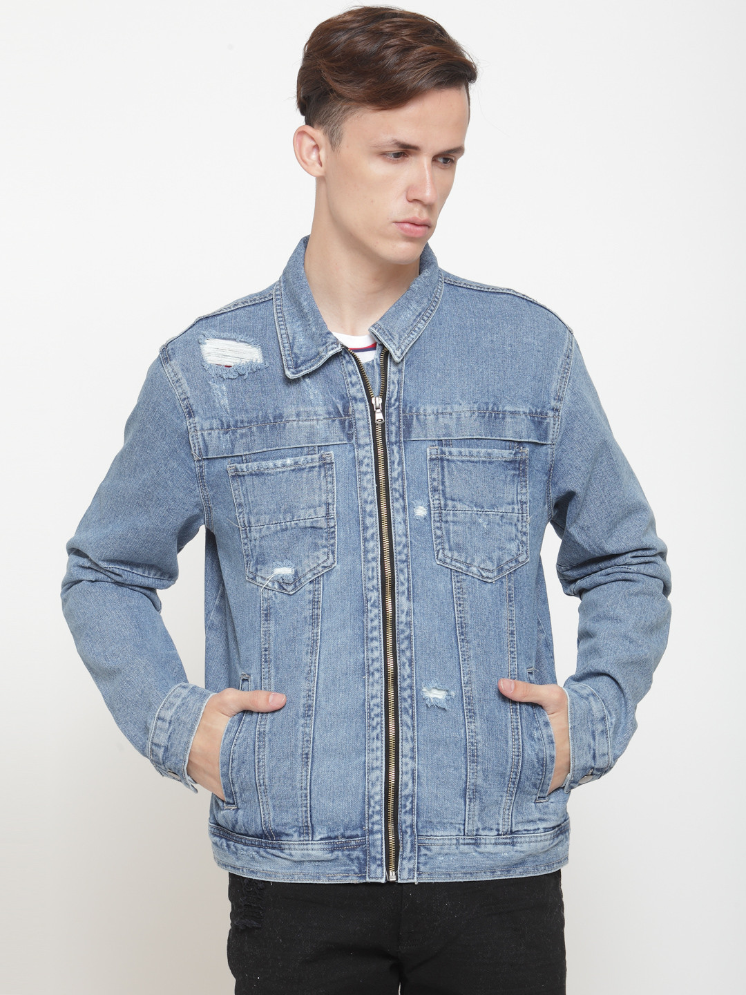 Buy FOREVER 21 Men Blue Faded Low Distressed Denim Jacket Jackets for