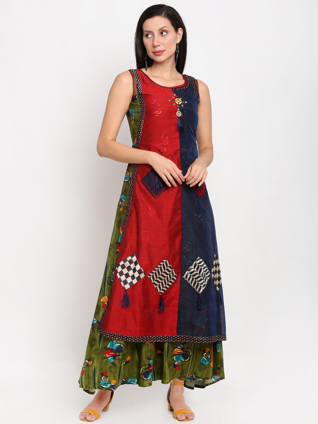 Girls Floral Embroidered Sleeveless A-Line Maxi Ethnic Dresses