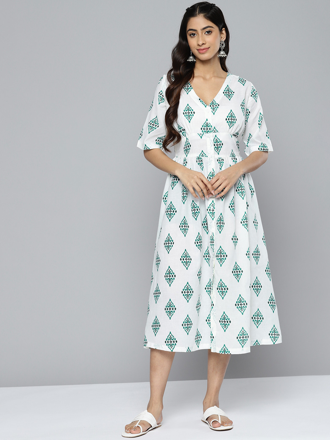 Buy HERE&NOW Women Pure Cotton Ethnic Motifs Printed Midi A Line Dress ...