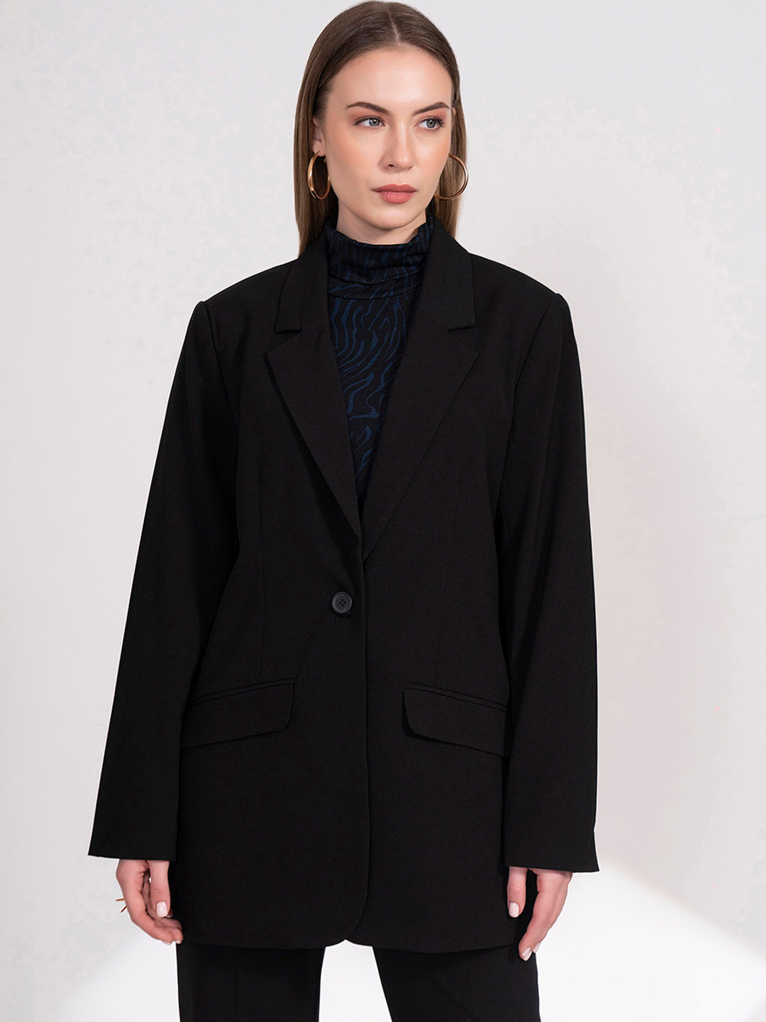 Women's Black Lapel Long Sleeves Single Breasted Cotton Blazer