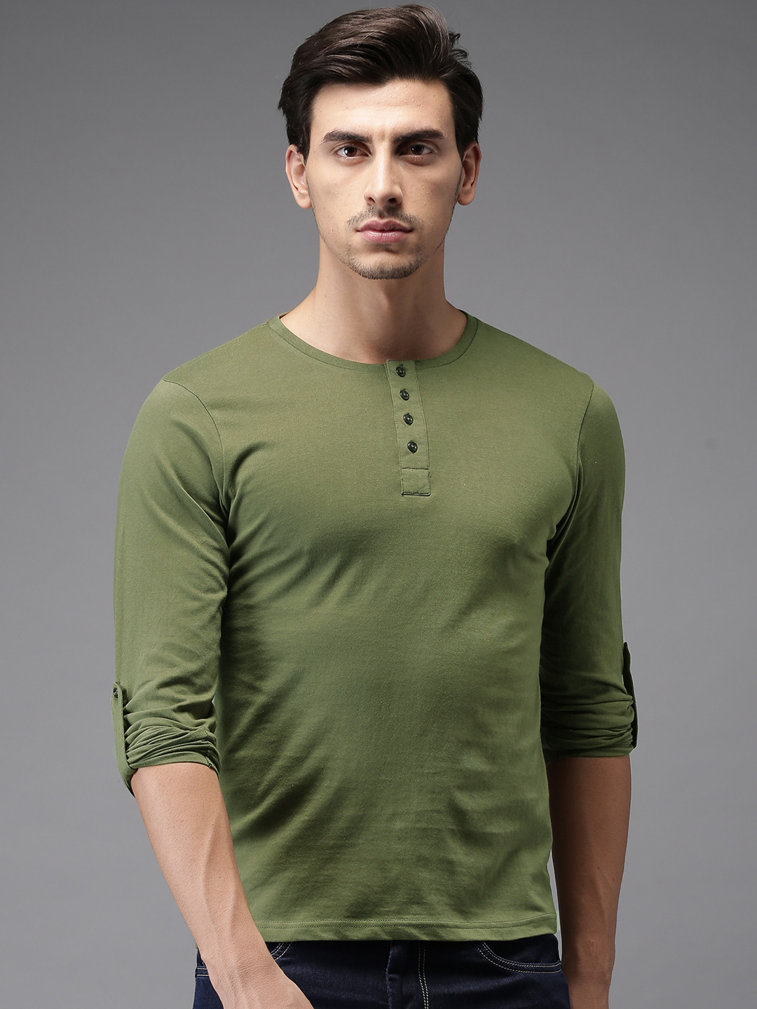 Men's Green Solid Henley Neck T-Shirt