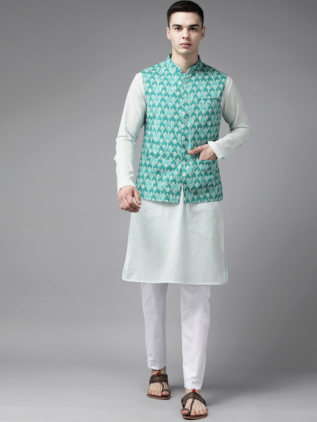 Men’s Floral Printed Kurta Set with Pyjamas & Nehru Jacket – Elegant Ethnic Attire