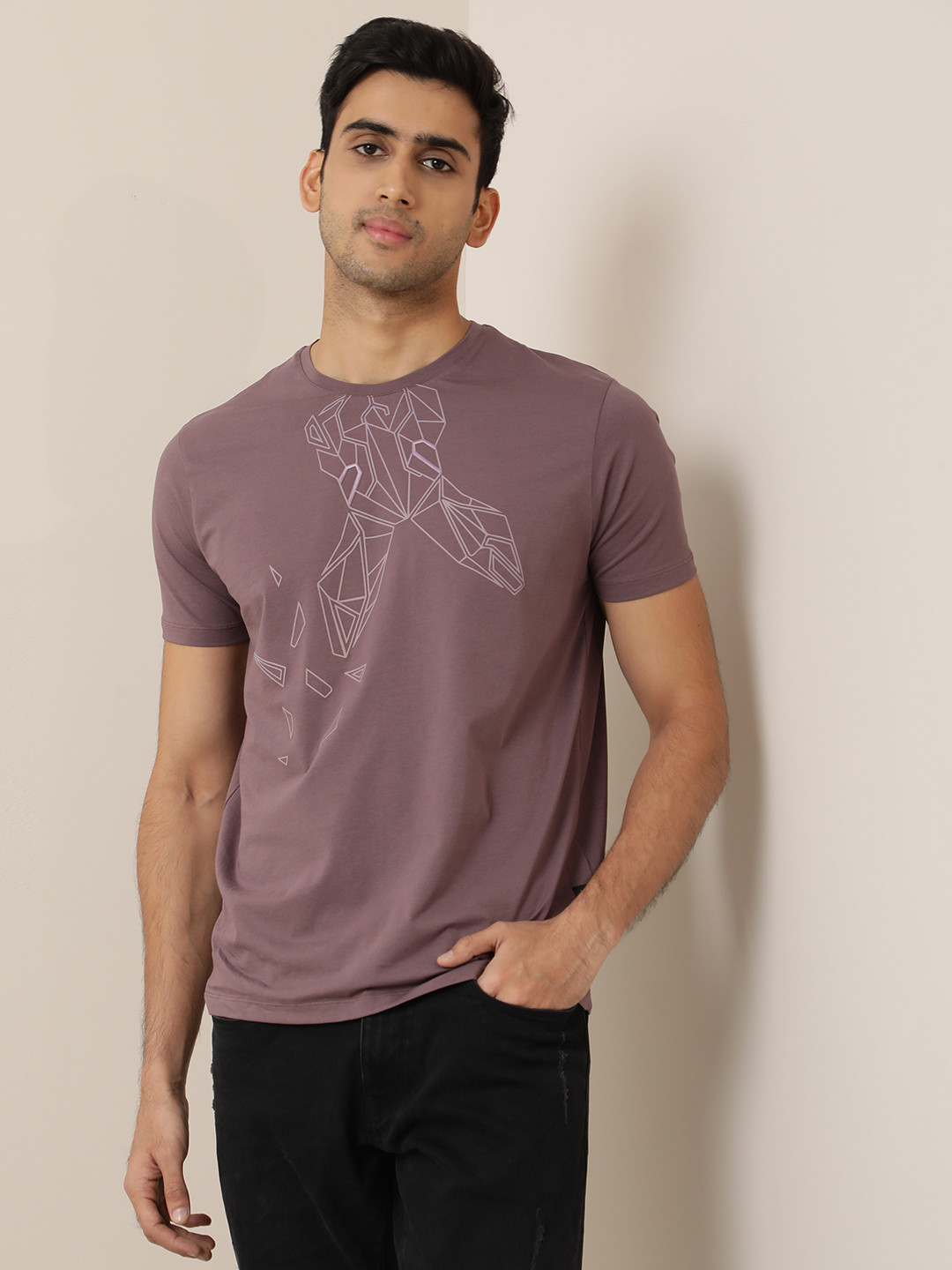 Rare Rabbit Men Vint Light Grey Cotton Fabric Short Sleeve Crew Neck Qlo Fit Hd Print T-Shirt