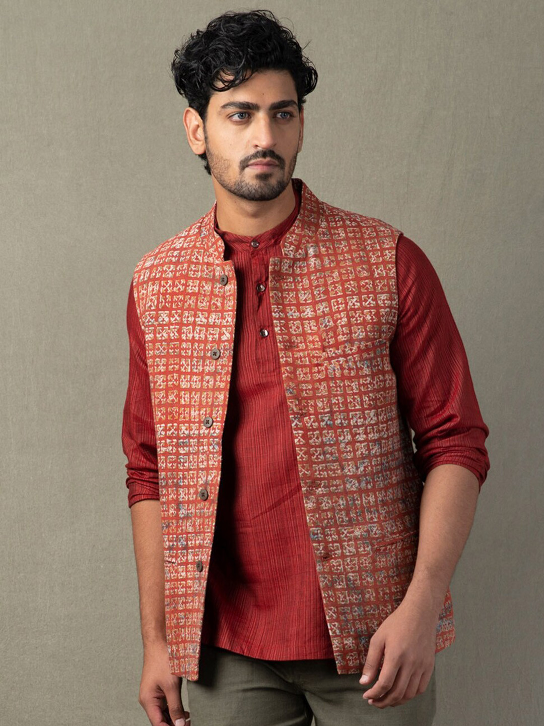 Men's Blue Printed Woven Nehru Jacket