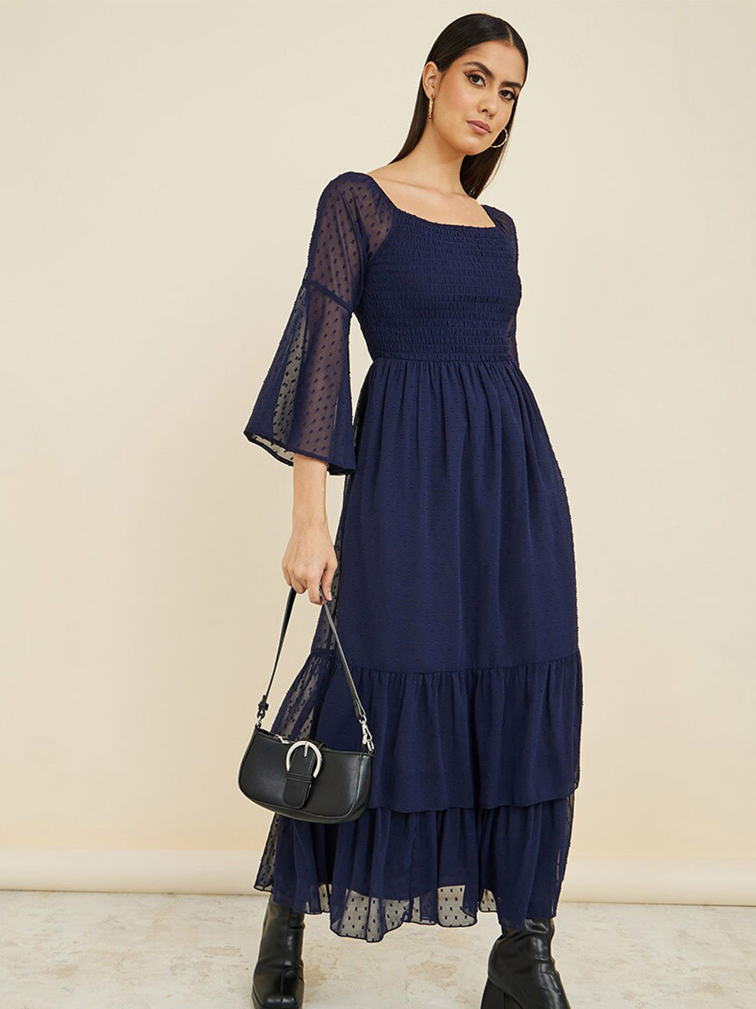 Sheer Mesh Maxi Dress with Bell Sleeves and Abstract Print