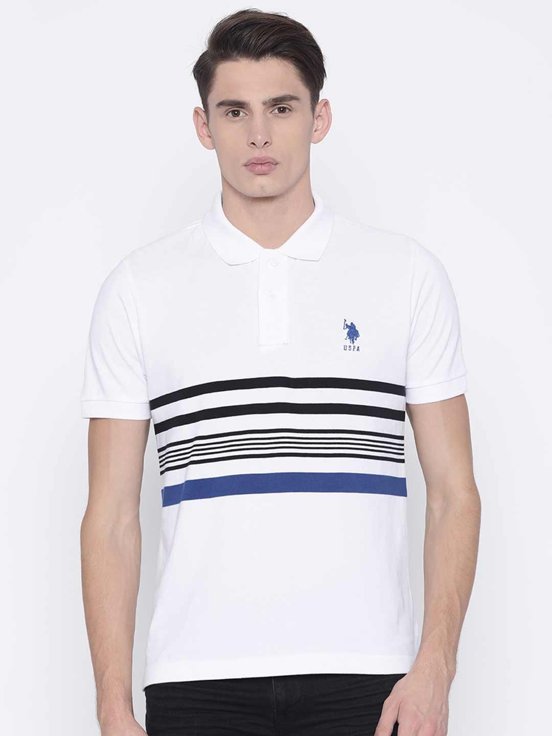Buy U.S. Polo Assn. Men White Striped Polo Collar T Shirt - Tshirts for ...