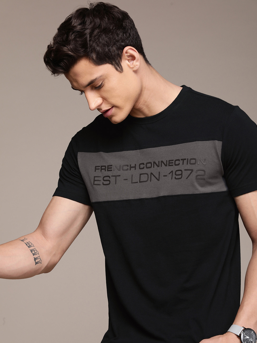 Buy French Connection Round Neck Typography & Colourblocked Pure Cotton