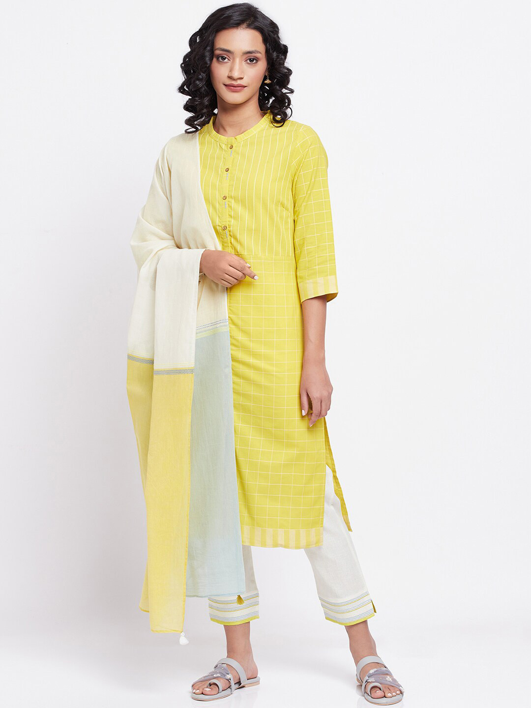 Women Cotton White Stripe Print Kurta Comfort Pant Dupatta main image 1