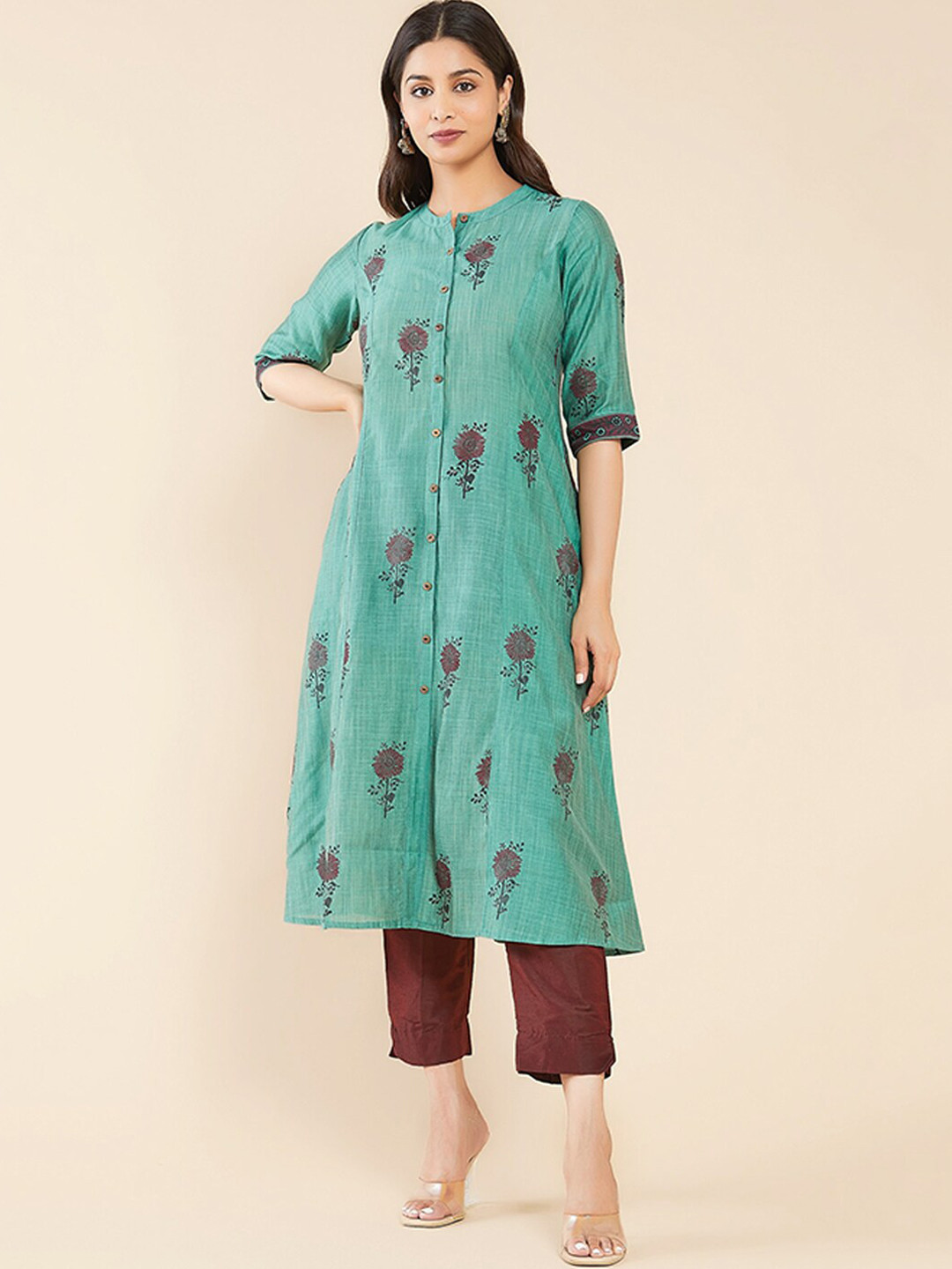 Buy Maybell Women Floral Printed Band Collar A Line Kurta Kurtas for