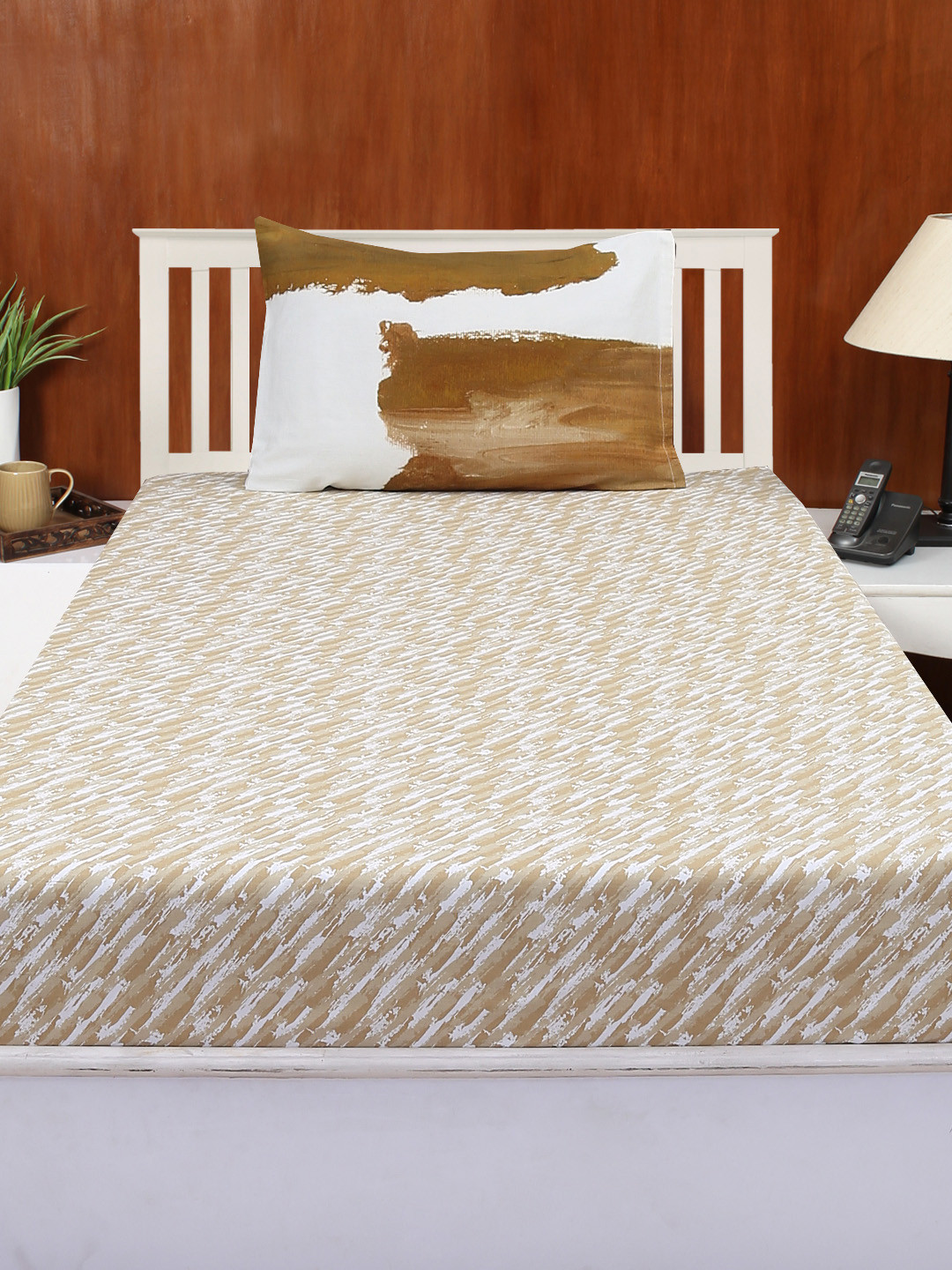 Buy House This Beige Cotton 210 TC Printed Single Bedsheet With 1