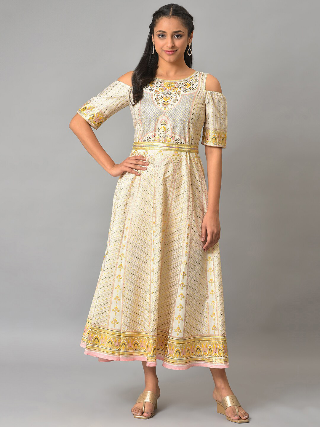 Ethnic Motif Printed Bell Sleeves Tiered Shirt Dress