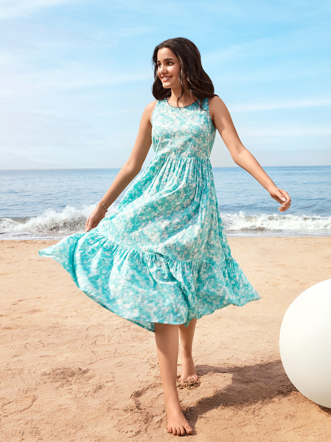 Buy AURELIA Floral Printed Flounce Hemline Pure Cotton Midi Fit & Flare