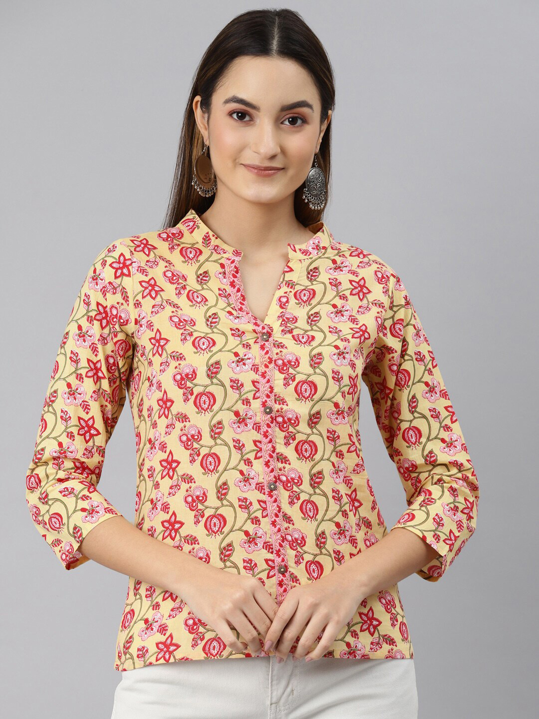 Mustard Floral Print Mandarin Collar Bell Sleeve Shirt Style Top