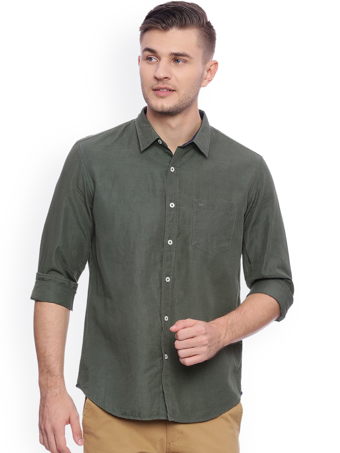 Buy Basics Men Olive Green Slim Fit Solid Casual Shirt - Shirts for Men ...