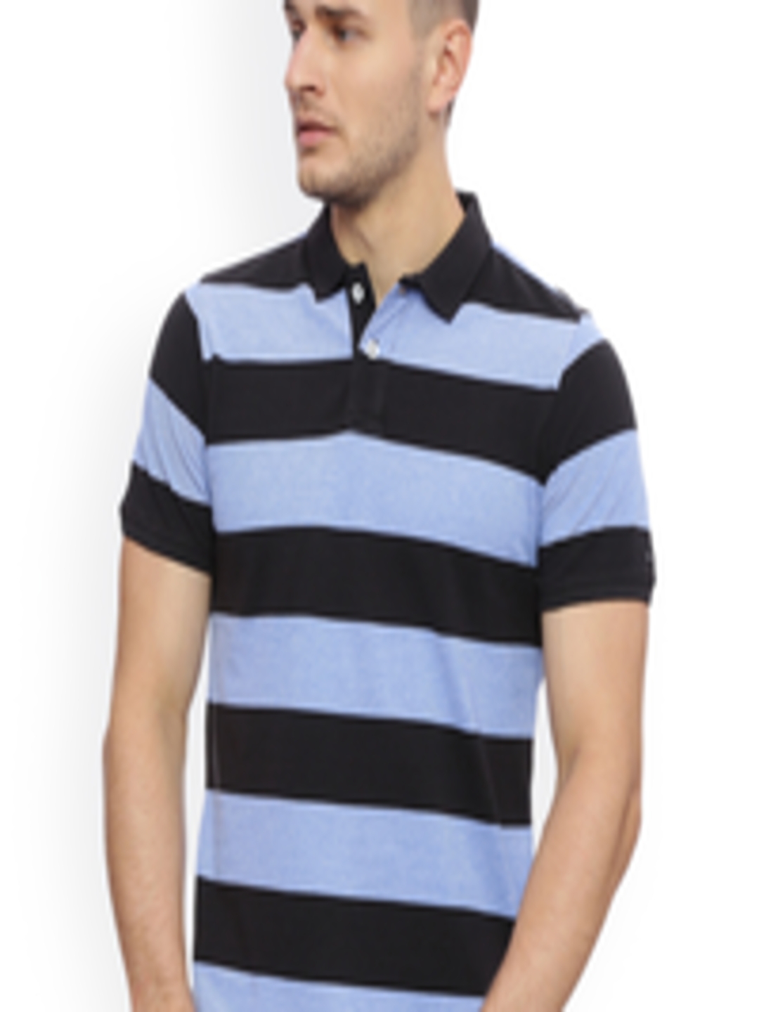 Buy Basics Men Blue & Black Striped Polo Collar T Shirt - Tshirts for ...
