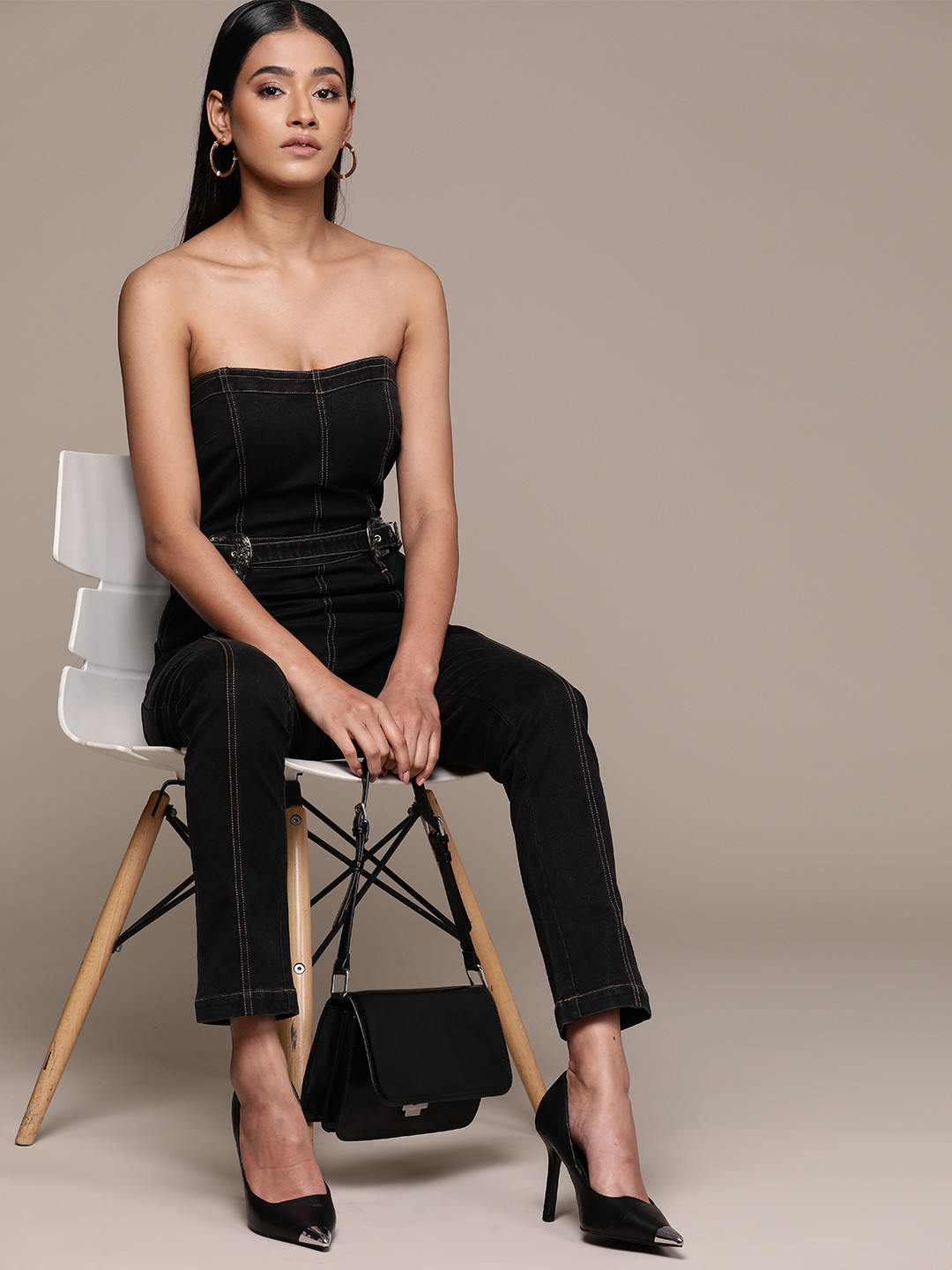 Sleeveless Black Jump Suit with White Jacket And Belt Combo For Girls main image 0
