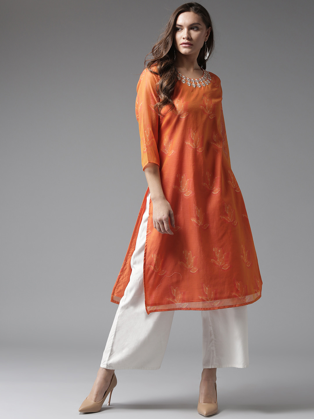 Orange & Grey Printed Straight Kurta Set With Pants main image 0