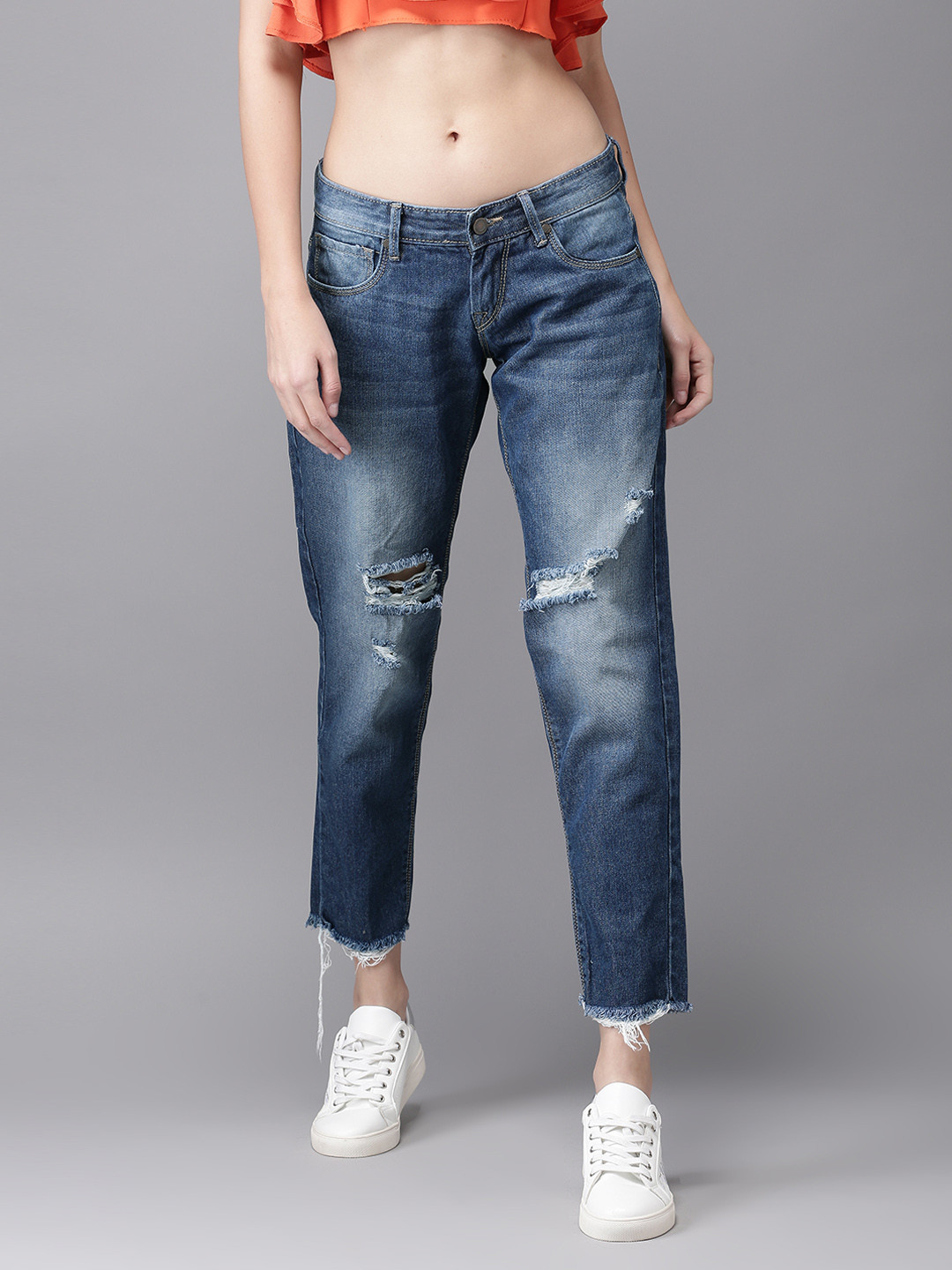 Buy HERE&NOW Women Blue Boyfriend Fit Mid Rise Cropped Highly