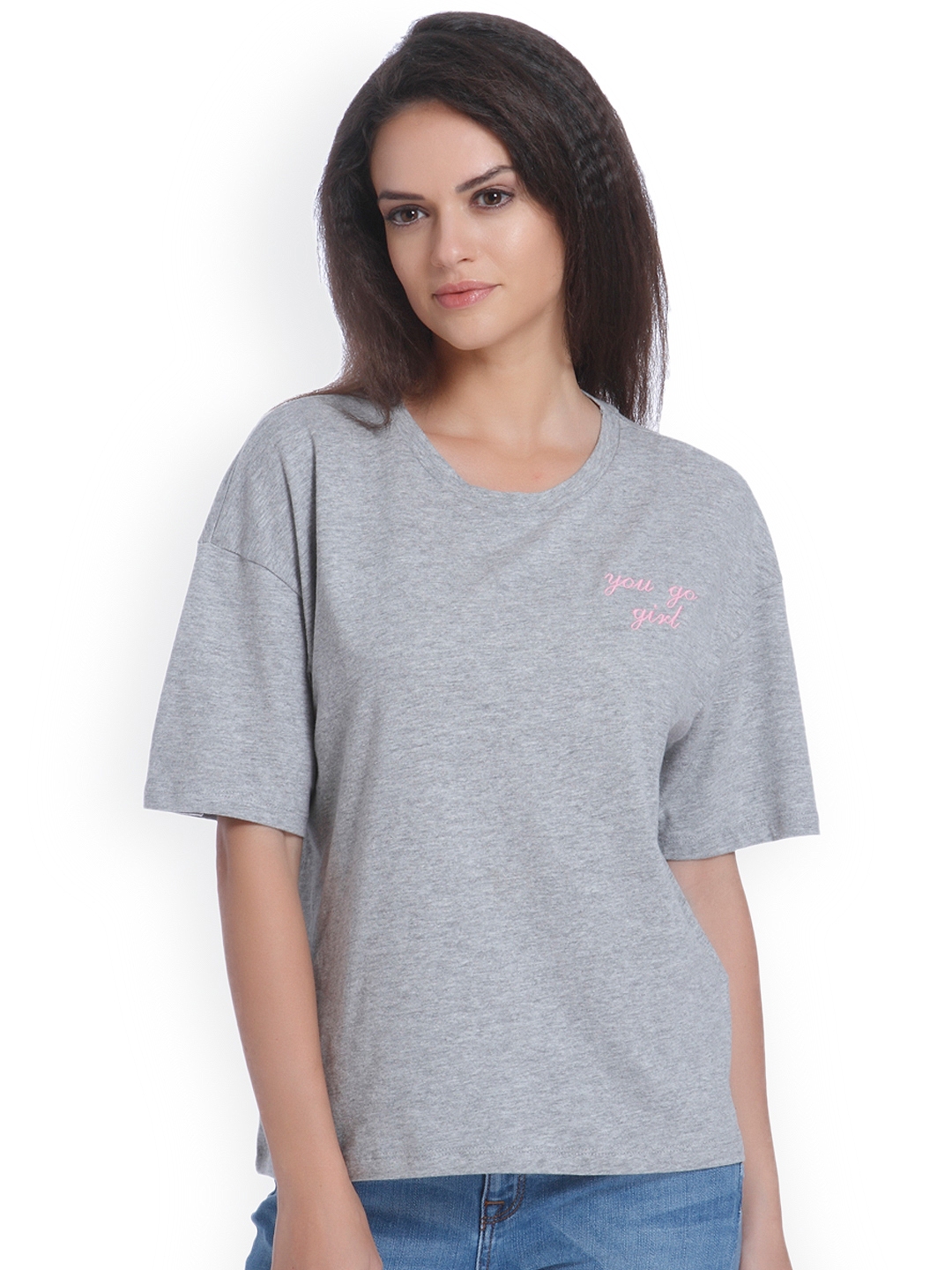 Download Buy ONLY Women Grey Melange Solid Round Neck T Shirt ...