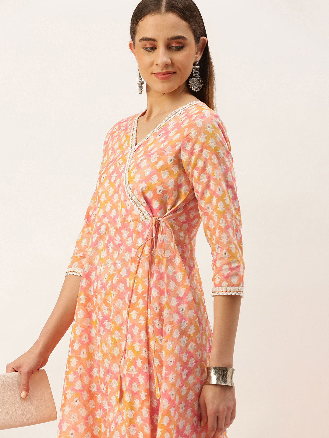 Women Green & Off White Floral Printed Angrakha Georgette Kurta With Dupatta
