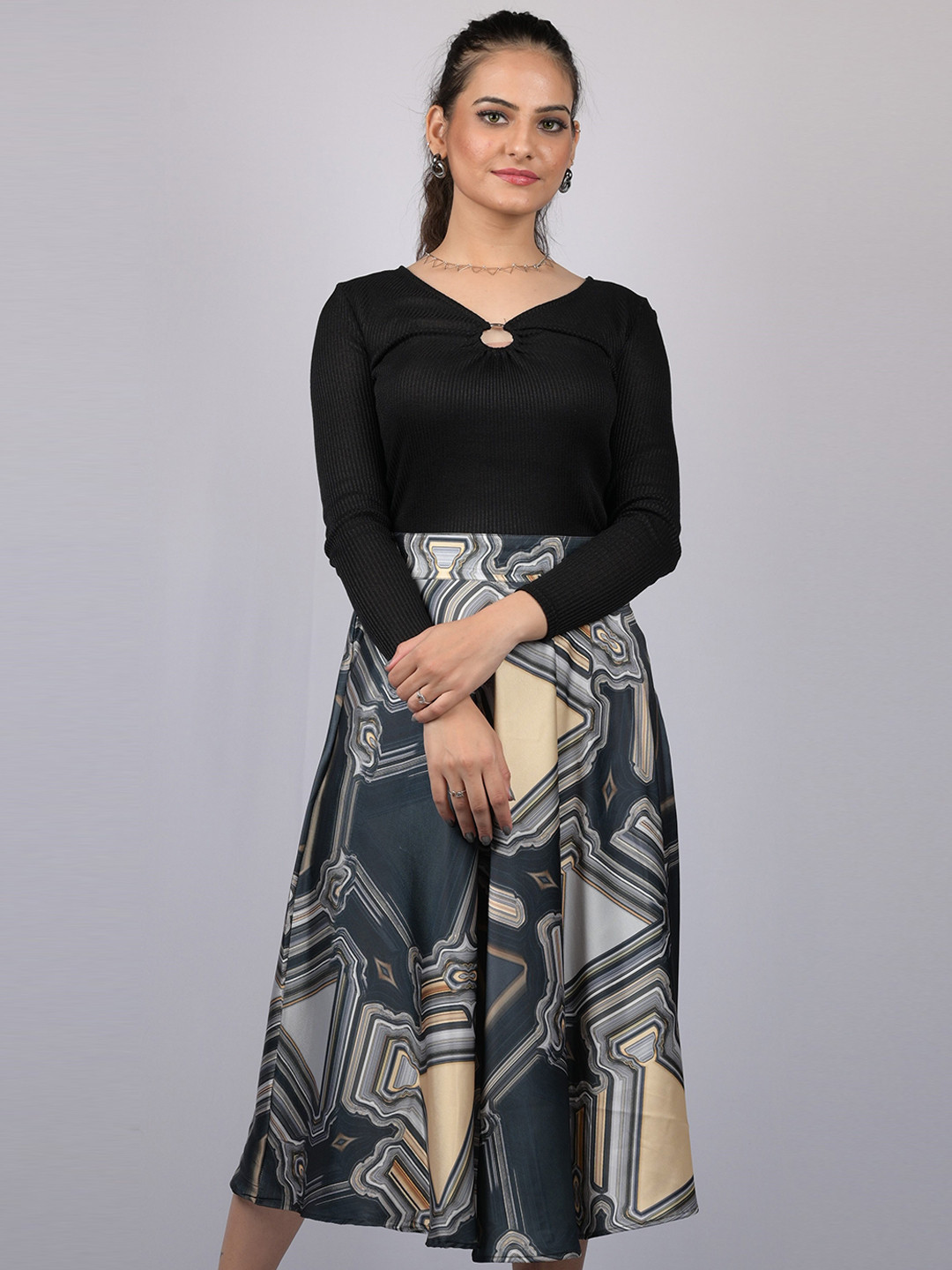 Printed Satin A-Line Midi Skirt