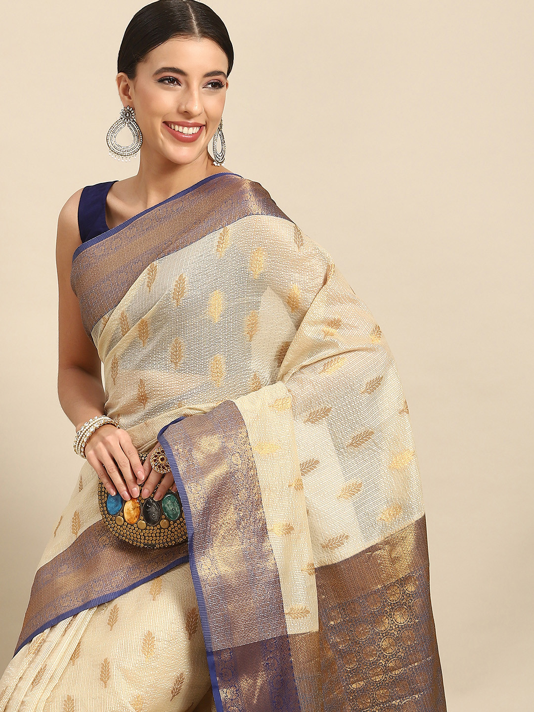 Zari Woven Ethnic Border Mysore Silk Handloom Saree with Meenakari weaving
