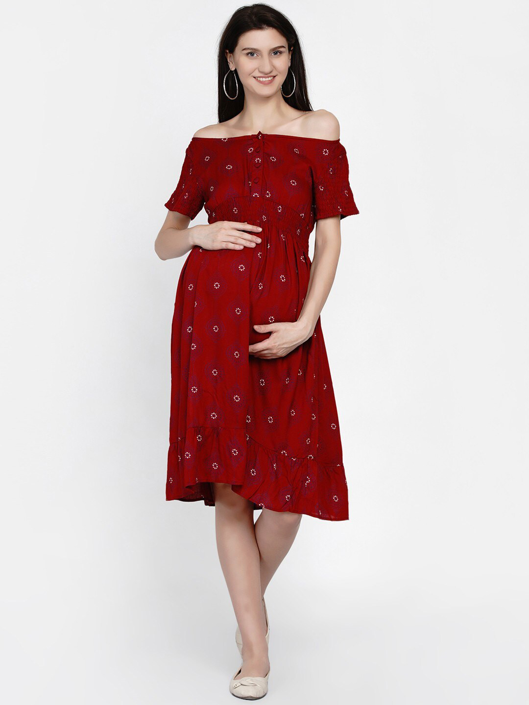 Red Printed Maternity Dress For Women