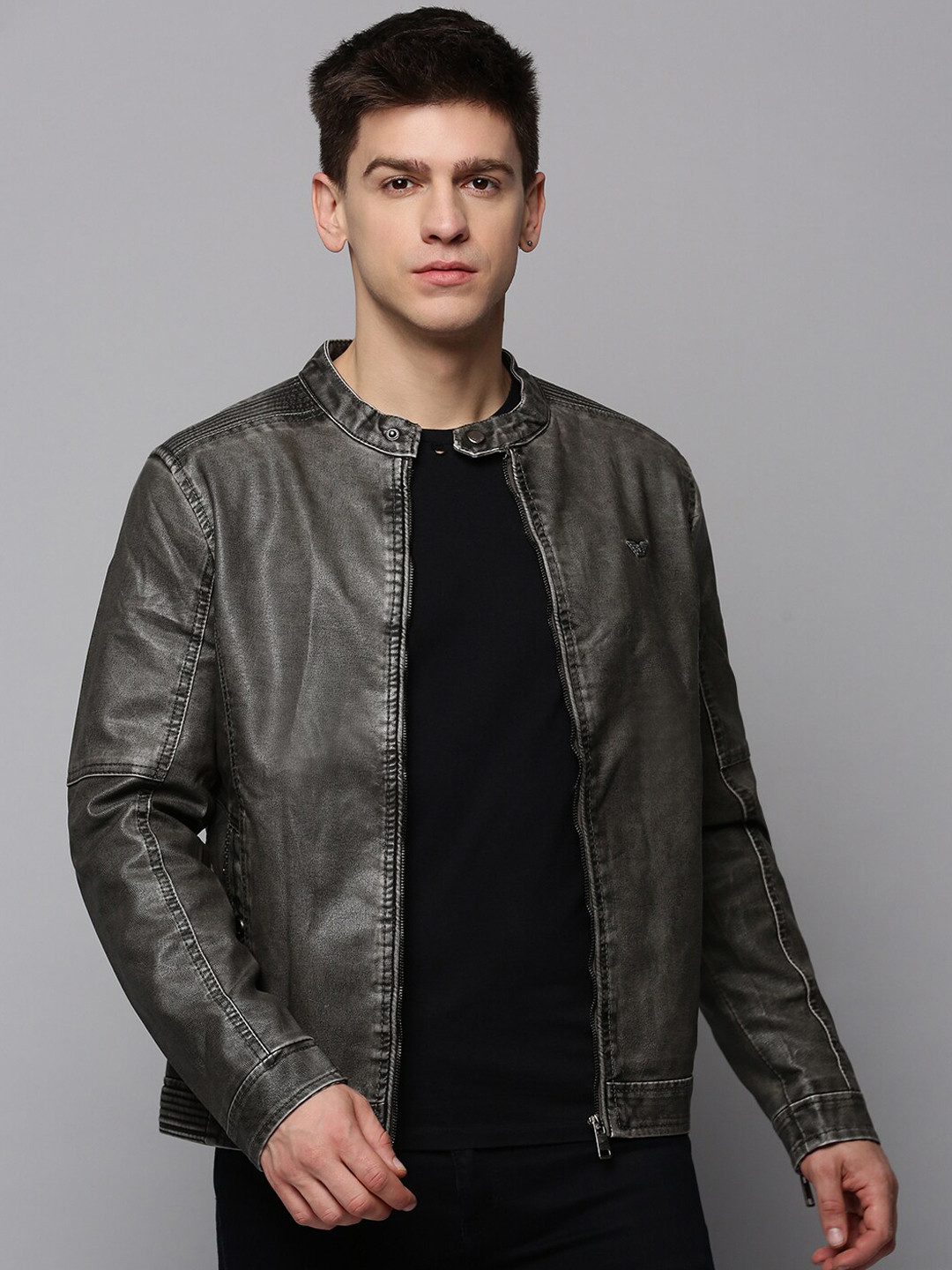 Men's Mandarin Collar Black Solid Leather Jacket main image 0