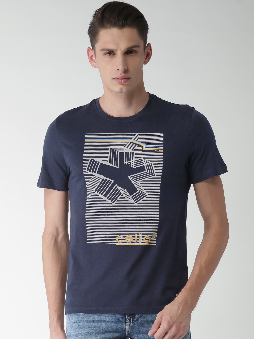 Buy Celio Men Navy Blue Printed Round Neck T Shirt - Tshirts for Men ...