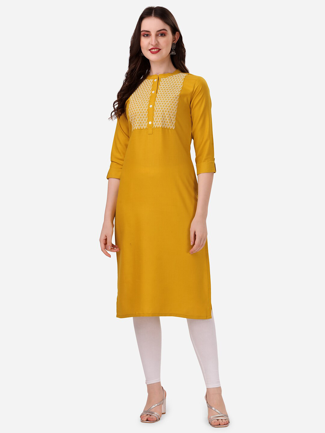 Buy HERE&NOW Yoke Design Mandarin Collar Thread Work Cotton Kurta