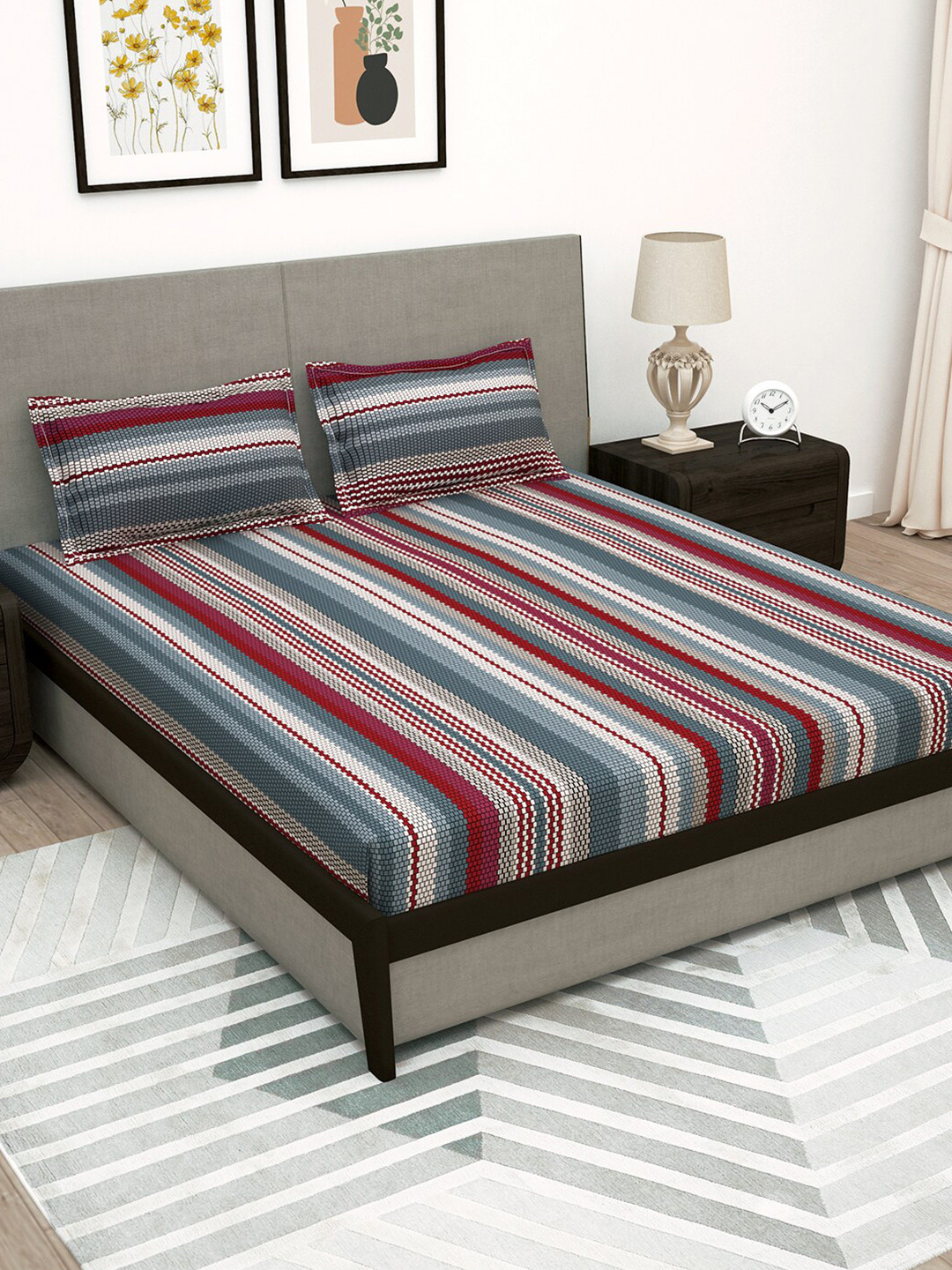 Buy Storyhome Grey & Red Striped 180 TC Flat Queen Bedsheet With 2
