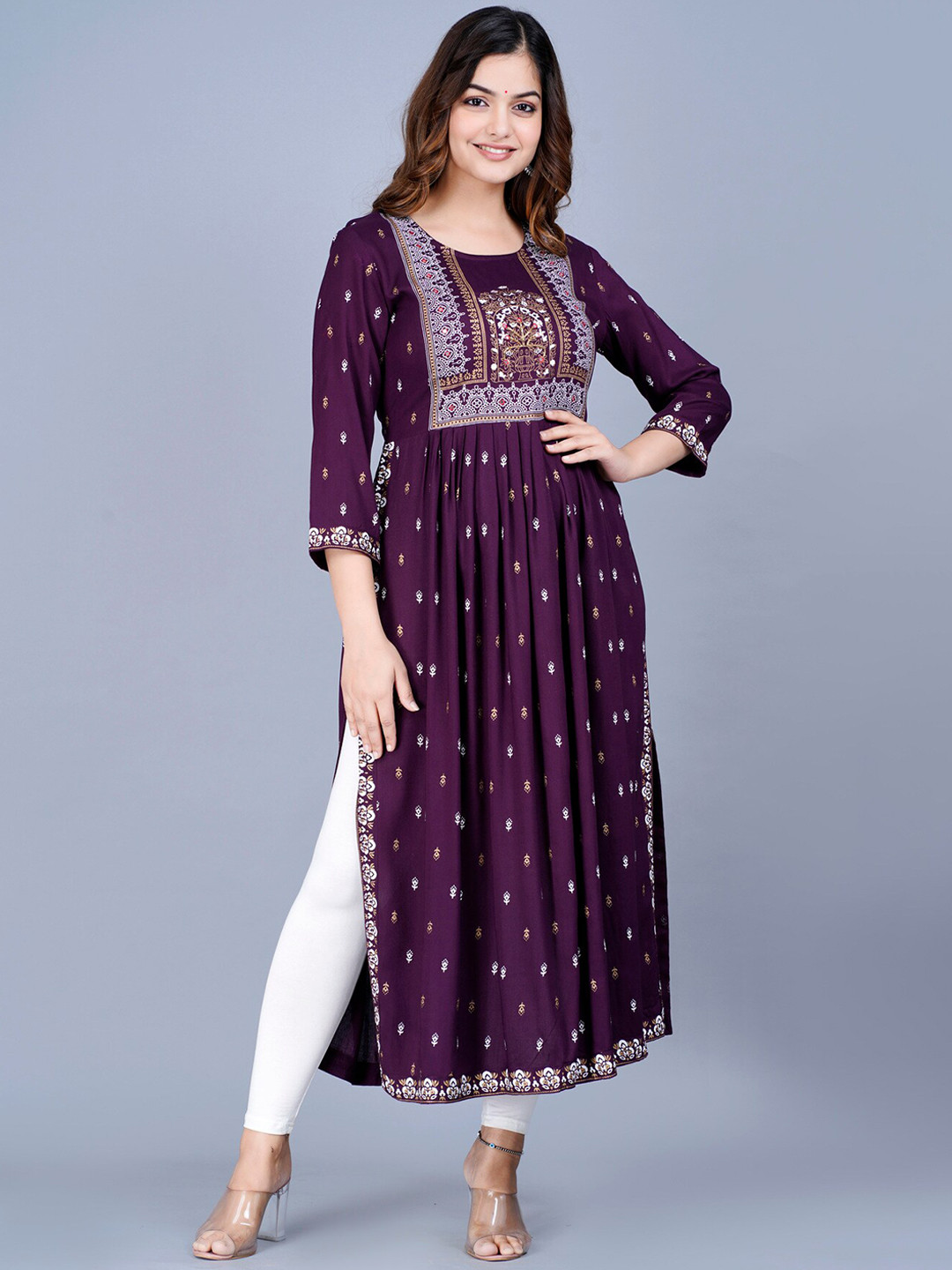 Women's Cream Ethnic Motifs Printed Mirror Work Pure Cotton Anarkali Kurta