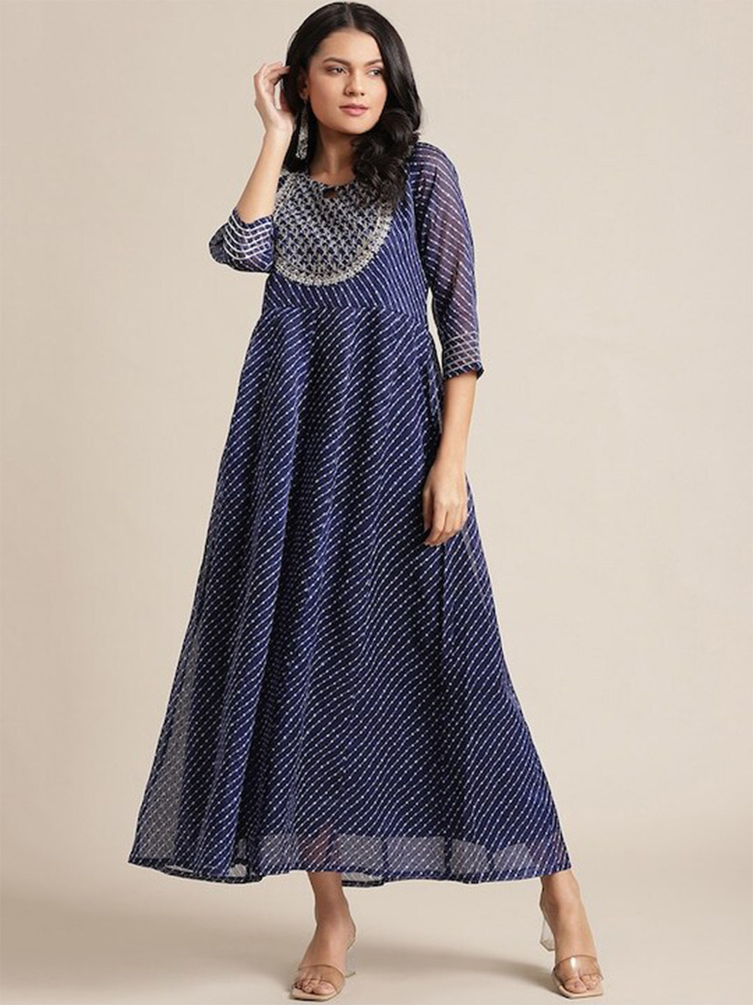Black Leheriya Print Maxi Ethnic Dress with Bishop Sleeves & Ruffled Boat Neck