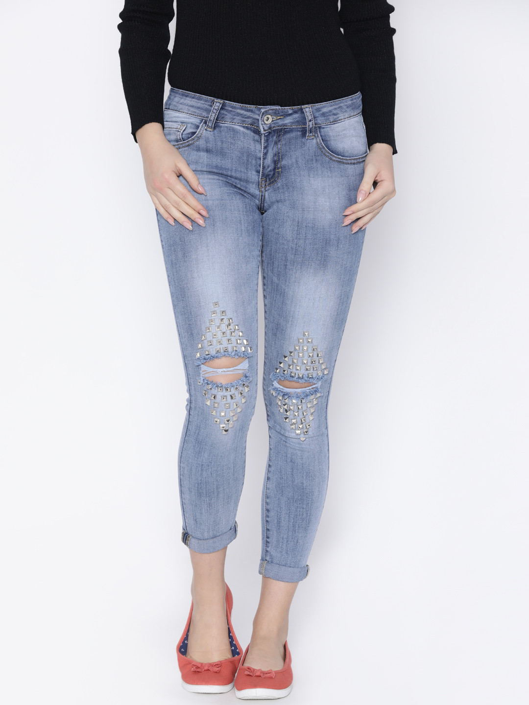 Buy Deal Jeans Women Blue Skinny Fit Mid Rise Slashed Knee Stretchable Jeans Jeans for Women
