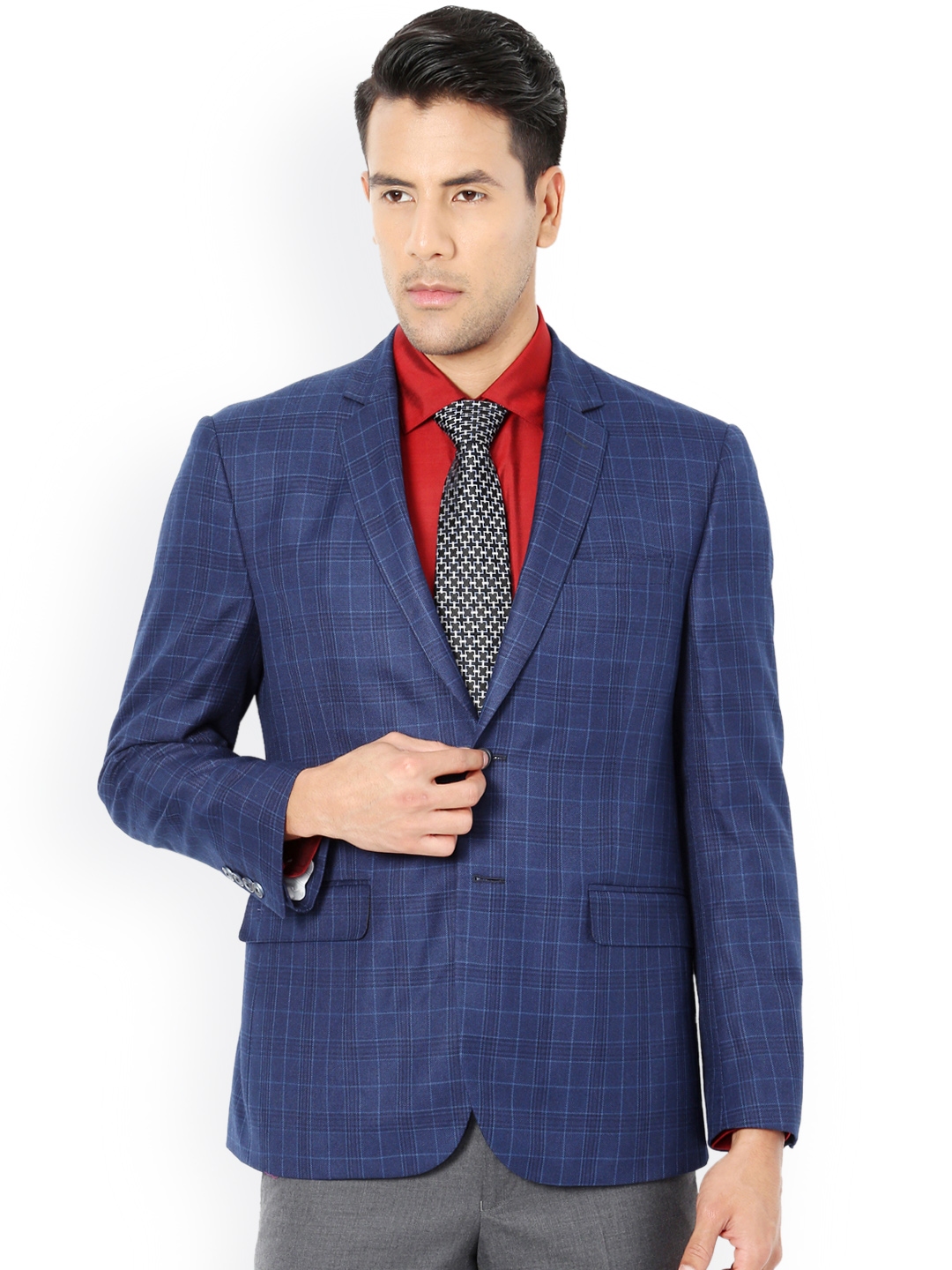 Buy Van Heusen Blue Checked Single Breasted Slim Fit Formal Blazer ...