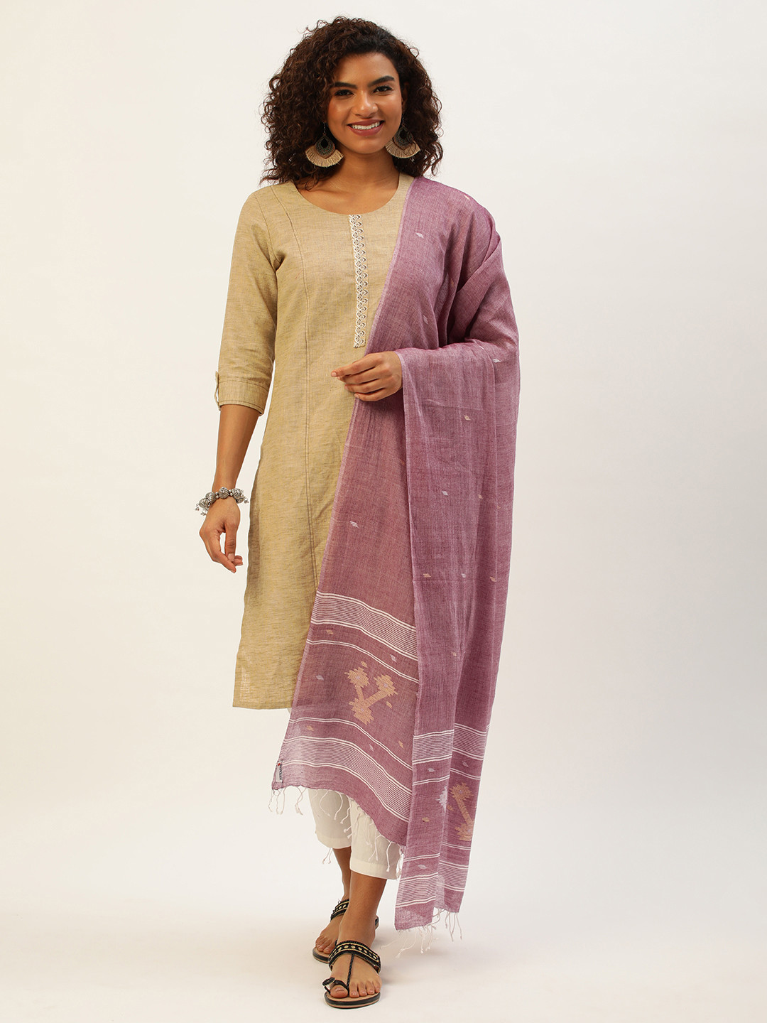 Peach - Handspun Handloom Cotton Jamdani Dupatta 32