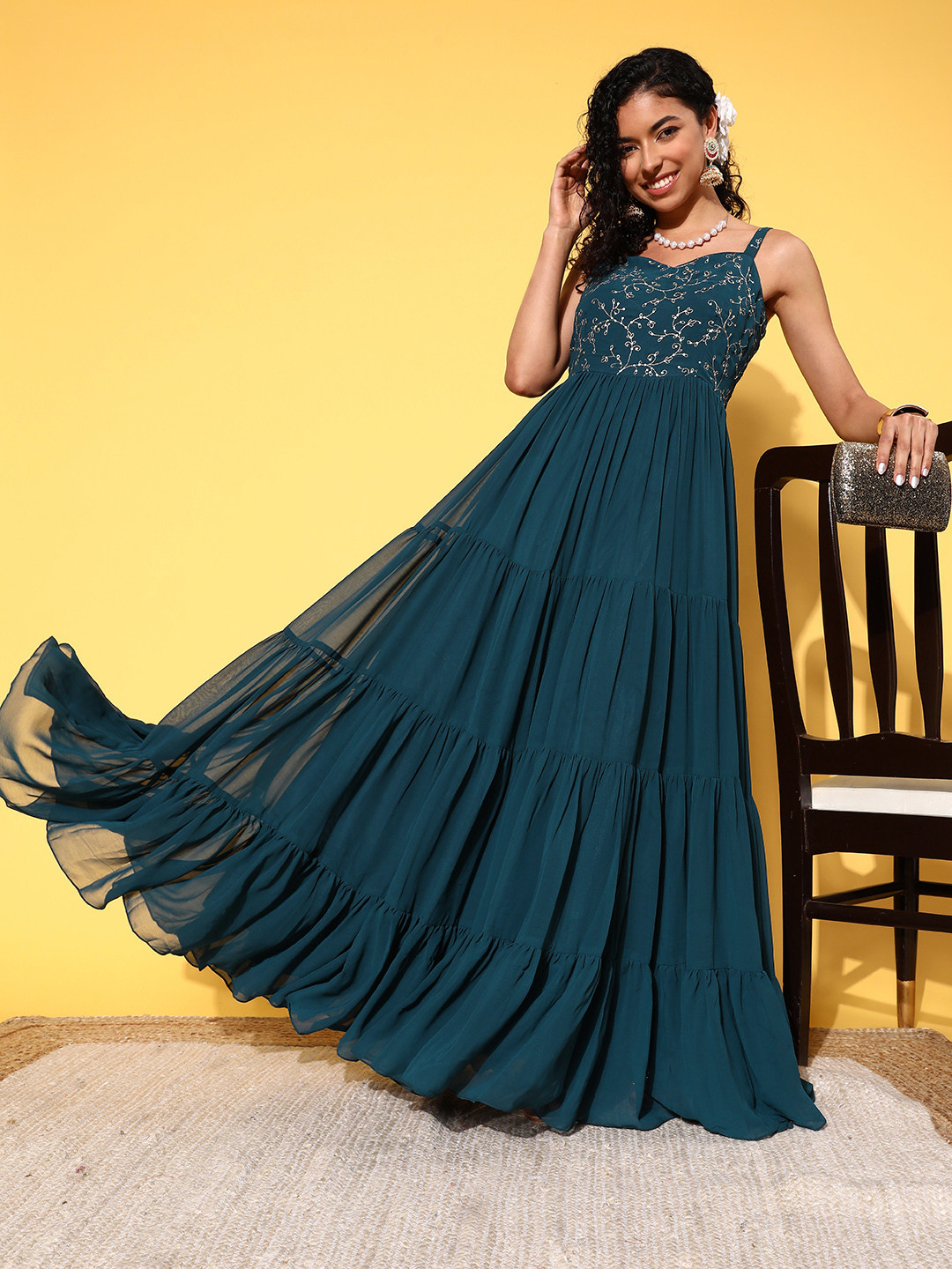 Buy Inddus Teal Floral Embroidered Maxi Dress Dresses for